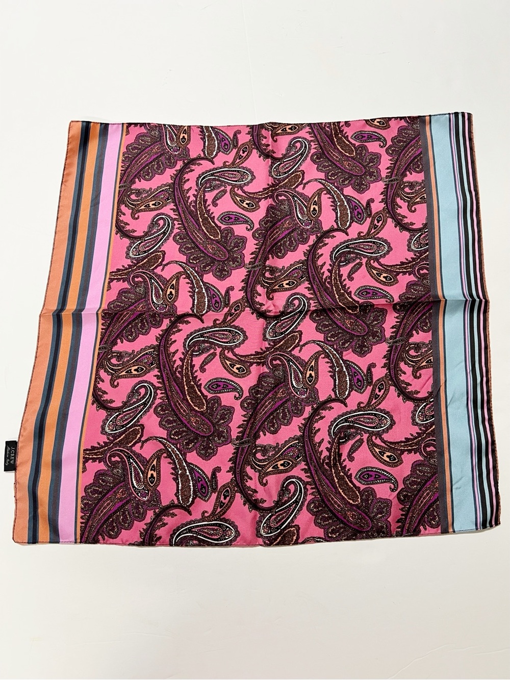 J Crew Womens Pink with Multicolor Stripe Boarder Silk Paisley Square Scarf